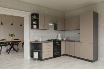 Moderná rohová kuchyňa Horizon vás zaujme svojim praktickým a zároveň štýlovým prevedením. Je vhodná do moderných interiérov. Disponuje množstvom úložného priestoru.Celkové rozmery kuchynskej linky (š,h): 250 x 240 cmDvierka kuchynských skriniek sú vyrobené z LTD dosiek. Ich údržba je nenáročná.Korpus je vo farbe grafit.Dvierka sú vo farbe šedý íl.Úchyty sú v striebornej farbe.Kuchynská zostava je zložená z týchto prvkov:dolná skrinka/regál 30 cmdolná 3 zásuvková skrinka 60 cmdolná jednodverová skrinka 40 cmdolná rohová skrinka 80/40 cmdolná drezová skrinka 80 cmvysoká potravinová skrinka 60 cmhorný regál 30 cmhorná dvojdverová skrinka 60 cmhorná digestorová skrinka 60 cm2x horná jednodverová 40 cm horná rohová skrinka 60 cmhorná dvojdverová 80 cmDodatočné informácie:Výška horných skriniek: 40,72 cm. Hĺbka: 30 cm. Výška dolných skriniek: 82 cm. Hĺbka: 46 cm.Zostava neobsahuje skrinku na vstavanú ruru - je možné si ju dokúpiť (viď. Príslušenstvo).Sokel, drez a pracovnú dosku je potrebné dokúpiť (viď. Príslušenstvo)Spotrebiče nie sú súčasťou kuchynskej linky.Hĺbka horných skriniek je 30/32 cm.Kuchyňu je možné zakúpiť iba ako zostavu. V prípade záujmu o vyskladanie vlastnej zostavy zo samostatných skriniek je ponuka TU.Dodávame v demontovanom stave.