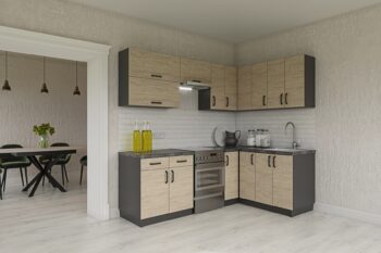 Moderná rohová kuchyňa Horizon vás zaujme svojim praktickým a zároveň štýlovým prevedením. Je vhodná do moderných interiérov. Disponuje množstvom úložného priestoru.Výška horných skriniek: 40,72 cm. Hĺbka: 30/32 cm. Výška dolných skriniek: 82 cm. Hĺbka: 48 cm.Sokel nie je v cene zostavy.Celkové rozmery kuchynskej linky (š,h): 230 x 170 cmDvierka kuchynských skriniek sú vyrobené z LTD dosiek. Ich údržba je nenáročná. Korpus je vo farbe grafit. Dvierka sú vo farbe dub prímorský. Úchyty sú v čiernej farbe.Horné skrinky majú v cene regulovateľné závesy. Ku každej hornej skrinke sa zároveň dodávajú 2 ks 10 cm závesnej lišty. Nedelenú závesnú lištu pre jednoduchšiu montáž je možné doobjednať.Kuchynská skrinka na vstavanú rúru nie je súčasťou zostavy.Kuchynská zostava je zložená z týchto prvkov:Drezová skrinka 80/82 cm, dolná skrinka 40/82 cm, dolná rohová skrinka 80/82 cm, dolná skrinka 80/82 cm, 2 x výklopná skrinka 80/36 cm, digestorová skrinka 60/40 cm, 2 x horná skrinka 30/72 cm, horná rohová skrinka 60/72 cm, horná skrinka 80/72 cmDrez a pracovnú dosku je potrebné dokúpiť.Spotrebiče nie sú súčasťou kuchynskej linky.Kuchyňu je možné zakúpiť len ako zostavu.Dodávame v demontovanom stave.
