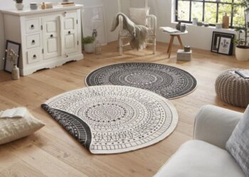 Hanse Home, Kusový koberec Twin-Wendeteppiche 103101 creme schwarz – na von aj na doma, 100x100 (priemer) kruh, biela, chodba / predsieň