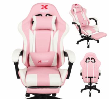 Herné kreslo Xgaming s podnožkou - ružovo-biele