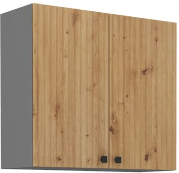 Moderná kuchynská zostava EVA zaujme najmä štýlovým melamínovým povrchom. Dvierka sú vyrobené z kvalitného a odolného MDF materiálu, skrinky disponujú funkciou tichého dovierania.Nožičky sú nastaviteľné, kovové gombíkové úchyty čiernej farby vytvárajú príjemný kontrast s dvierkami vo farbe dub artisan. Korpus z laminovanej dosky je vo farbe antracit.Horná kuchynská skrinka EVA 80G-72-2F BB je dvojdverová a má rozmery (ŠxVxH): 80 x 71,5 x 31 cm.Vďaka bohatému výberu skriniek z kolekcie EVA si zariadite krásnu a funkčnú kuchyňu podľa vlastných predstáv a potrieb.Dodávame v demonte. 