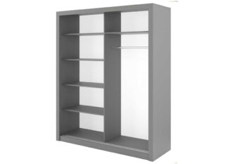 Šatníková skriňa IDEAL 03 je v jednoduchom ale štýlovom prevedení. Efektné zrkadlové plochy na oboch dverách ponúkajú eleganciu a štýl. Výrazné úchyty v striebornej farbe dotvárajú celkový dizajn nábytku. Skriňa ponúka praktický systém otvárania za pomoci posuvných dverí, ktorý zabezpečí efektívne využitie priestoru. Vnútorný priestor skrine je rozdelený na poličkovú časť s 5 policami a závesnú časť s 1 vešiakovou tyčou. Nábytok je vyrobený z kvalitnej LTD dosky, ktorá nie je náročná na údržbu. Rozmery (v/š/h) 215 x 180 x 60 cm. Farebné prevedenie: sivá. V našej ponuke nájdete aj iné farebné prevedenia. Dodávame v demontovanom stave.