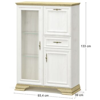 Trojdverová vitrína so zásuvkou IGINS B-1W2D1DRW si Vás získa svojou eleganciou a provensálskymi prvkami, ako sú zaujímavé ornamentové úchytky, vrchná doska ukončená ozdobnou lištou či netradičné riešenie nožičiek. Farebné prevedenie sosna Andersen je krásne doplnené prevedením dub zlatý, farby…