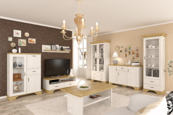 Trojdverová vitrína so zásuvkou IGINS B-1W2D1DRW si Vás získa svojou eleganciou a provensálskymi prvkami, ako sú zaujímavé ornamentové úchytky, vrchná doska ukončená ozdobnou lištou či netradičné riešenie nožičiek. Farebné prevedenie sosna Andersen je krásne doplnené prevedením dub zlatý, farby…