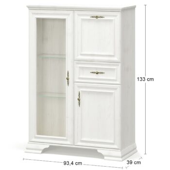 Trojdverová vitrína so zásuvkou IGINS B-1W2D1DRW si Vás získa svojou eleganciou a provensálskymi prvkami, ako sú zaujímavé ornamentové úchytky, vrchná doska ukončená ozdobnou lištou či netradičné riešenie nožičiek. Farebné prevedenie sosna Andersen je krásne, elegantné, pôsobí čisto a upokojujúco…