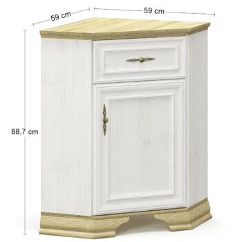 Očarujúca rohová komoda so zásuvkou IGINS CCH si Vás získa svojimi provensálskymi prvkami, ako sú zaujímavé ornamentové úchytky, vrchná doska komody ukončená ozdobnou lištou či netradičné riešenie nožičiek. Farebné prevedenie sosna Andersen je krásne doplnené prevedením dub zlatý, farby spolu…