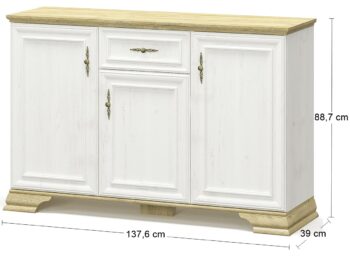 Očarujúca trojdverová komoda so zásuvkou IGINS CH-3D1DRW si Vás získa svojimi provensálskymi prvkami, ako sú zaujímavé ornamentové úchytky, vrchná doska komody ukončená ozdobnou lištou či netradičné riešenie nožičiek. Farebné prevedenie sosna Andersen je krásne doplnené prevedením dub zlatý, farby…