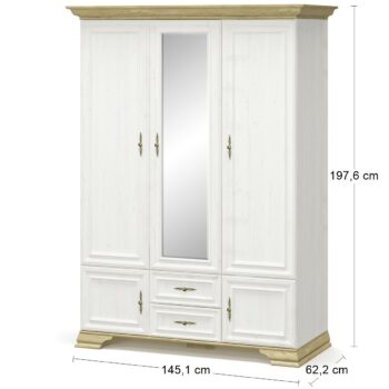Bohatým úložným priestorom Vás určite prekvapí trojdverová šatníková skriňa IGINS W-3D, ktorá je nie len praktická, ale získa si Vás svojou eleganciou a provensálskymi prvkami, ako sú zaujímavé ornamentové úchytky, vrchná doska ukončená ozdobnou lištou či netradičné riešenie nožičiek. Farebné…