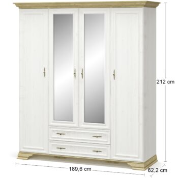 Bohatým úložným priestorom Vás určite prekvapí štvordverová šatníková skriňa IGINS W-4D, ktorá je nie len praktická, ale získa si Vás svojou eleganciou a provensálskymi prvkami, ako sú zaujímavé ornamentové úchytky, vrchná doska ukončená ozdobnou lištou či netradičné riešenie nožičiek. Farebné…