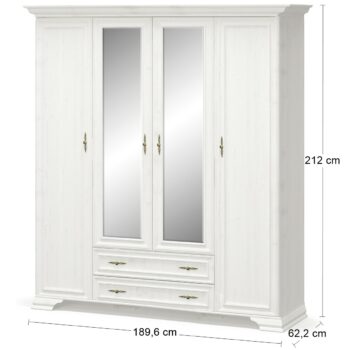 Bohatým úložným priestorom Vás určite prekvapí štvordverová šatníková skriňa IGINS W-4D, ktorá je nie len praktická, ale získa si Vás svojou eleganciou a provensálskymi prvkami, ako sú zaujímavé ornamentové úchytky, vrchná doska ukončená ozdobnou lištou či netradičné riešenie nožičiek. Farebné…