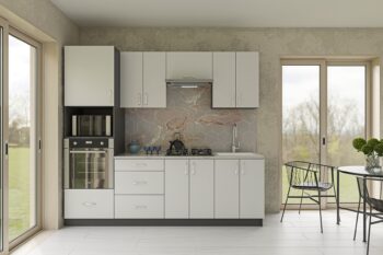Moderná kuchyňa Ikema vás zaujme svojim praktickým a zároveň štýlovým prevedením. Je vhodná do moderných interiérov. Disponuje množstvom úložného priestoru.Výška horných skriniek: 40,72 cm. Hĺbka: 30/32 cm. Výška dolných skriniek: 82 cm. Hĺbka: 46 cm.Sokel nie je v cene zostavy.Rozmery zostavy (š,h): 240 x 48 cm.Kuchynské skrinky sú vyrobené z kvalitných LTD dosiek. Ich údržba je nenáročná. Korpus je vo farbe grafit. Dvierka sú v bielej farbe. Úchyty sú plastové.Kuchynská zostava je zložená z týchto prvkov:vysoká skrinka 60/214 cm, horná digestorová skrinka 60/40 cm, horná skrinka 60/72 cm, dolná skrinka 60/82 cm, dolná drezová skrinka 60/82 cm, dolná skrinka 60/82 cmDrez a pracovnú dosku je potrebné dokúpiť.Spotrebiče nie sú súčasťou kuchynskej linky.Kuchyňu je možné zakúpiť len ako zostavu.Dodávame v demontovanom stave.