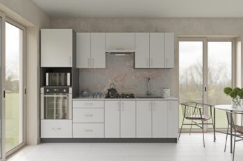 Moderná kuchyňa Ikema vás zaujme svojim praktickým a zároveň štýlovým prevedením. Je vhodná do moderných interiérov. Disponuje množstvom úložného priestoru.Výška horných skriniek: 40,72 cm. Hĺbka: 30/32 cm. Výška dolných skriniek: 82 cm. Hĺbka: 46 cm.Sokel nie je v cene zostavy.Rozmery zostavy (š,h): 260 x 48 cm.Kuchynské skrinky sú vyrobené z kvalitných LTD dosiek. Ich údržba je nenáročná. Korpus je vo farbe grafit. Dvierka sú v bielej farbe. Úchyty sú plastové.Kuchynská zostava je zložená z týchto prvkov:vysoká skrinka 60/214 cm, horná digestorová skrinka 60/40 cm, 2x horná skrinka 60/72 cm, horná skrinka 20/72 cm, dolná skrinka 60/82 cm, dolná drezová skrinka 60/82 cm, dolná skrinka 60/82 cm, dolná skrinka 20/82 cmDrez a pracovnú dosku je potrebné dokúpiť.Spotrebiče nie sú súčasťou kuchynskej linky.Kuchyňu je možné zakúpiť len ako zostavu.Dodávame v demontovanom stave.