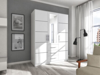 Šatníková skriňa INDI D3 je zaujímavo riešená. Ponúka odkladací priestor za 3 otváracími dverami a 3 praktické šuplíky. Elegantné zrkadlo dodáva skrini štýl a eleganciu. Vďaka zrkadlu a svetlému farebnému prevedeniu dokáže skriňa INDI opticky zväčšiť priestor.Skriňa je vyrobená z LTD dosky. Vo vnútri skrine nájdete 5 políc a 1 vešiakovú tyč. Módne biele farebné prevedenie dopĺňajú jemné plastové úchyty v striebornej farbe.V našej ponuke nájdete túto skriňu aj vo farbe dub sonoma. Rozmer (š/v/h): 147 x 200 x 58.Dodávame v demonte.