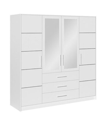 Šatníková skriňa INDI D4 je zaujímavo riešená. Ponúka odkladací priestor za 4 otváracími dverami a 3 praktické šuplíky. Elegantné zrkadlo dodáva skrini štýl a eleganciu. Vďaka zrkadlu a svetlému farebnému prevedeniu dokáže skriňa INDI opticky zväčšiť priestor.Skriňa je vyrobená z LTD dosky. Vo vnútri skrine nájdete 8 políc a 1 vešiakovú tyč. Módne biele farebné prevedenie dopĺňajú jemné plastové úchyty v striebornej farbe.V našej ponuke nájdete túto skriňu aj vo farbe dub sonoma. Rozmer (š/v/h): 196 x 200 x 58.Dodávame v demonte.
