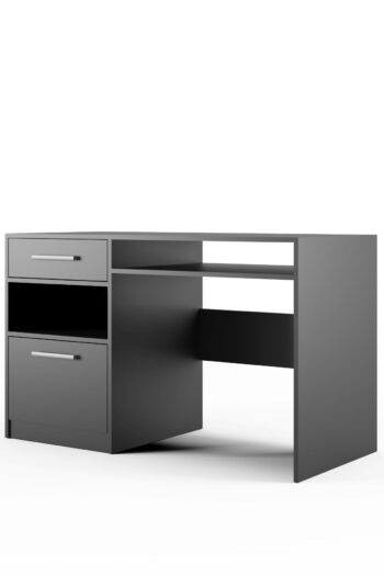 Štýlový písací stolík INDI vynikne v každom modernom interiéri.Stolík disponuje úložným priestorom v podobe zásuvky, pod ktorou je menší otvorený priestor a skrinky s dvierkami.Stolík má aj praktickú dosku na klávesnicu.Elegantnosť stolíka vyzdvihujú plastové úchyty v striebornej farbe, ktoré príjemne kotrastujú s jeho farebným prevedením grafit.Stolík je vyrobený z kvalitnej LTD dosky, ktorá je nenáročná na údržbu.Rozmery nábytku: (š/h/v): 125 x 82 x 58 cm.Dodávame v demontovanom stave