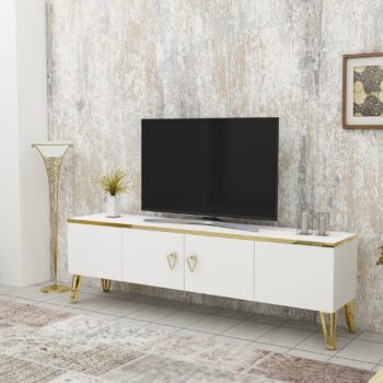 TV stolík INDIANA – Luxusný dizajn a praktickosť pre vašu obývaciu izbuTV stolík INDIANA je perfektným doplnkom pre moderné obývacie izby, kde štýl a funkčnosť hrajú hlavnú úlohu. S plnými dvierkami a čistým dizajnom ponúka dostatok úložného priestoru pre elektroniku, káble a ďalšie nevyhnutnosti, zatiaľ čo kvalitné materiály zaisťujú dlhú životnosť a luxusný vzhľad.Hlavné vlastnosti produktu:Typ tovaru: TV stolíkVhodné do miestnosti: Obývacia izbaMateriál: Melamín, VT laminátRozmery: 50 x 150 x 31.4 cmFarba: Biela + zlatáVybavenie: Plné dvierkaŠtýl: LuxusnéPočet dvierok: 4Hrúbka materiálu: 18 mmDodatočné informácie: Dodávame v demonteStolík INDIANA spája modernú eleganciu s praktickými prvkami. Jeho luxusné prevedenie a dostatok úložného priestoru z neho robí ideálnu voľbu pre organizáciu a estetické doplnenie vašej obývačky. Zaobstarajte si TV stolík INDIANA a pridajte svojmu interiéru jedinečný štýl a sofistikovanosť!