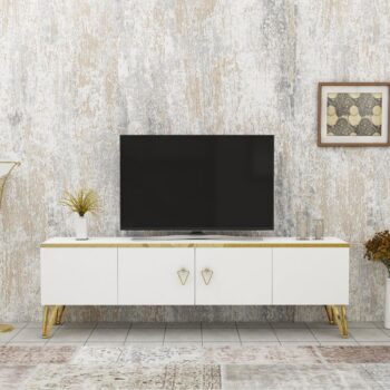 TV stolík INDIANA – Luxusný dizajn a praktickosť pre vašu obývaciu izbuTV stolík INDIANA je perfektným doplnkom pre moderné obývacie izby, kde štýl a funkčnosť hrajú hlavnú úlohu. S plnými dvierkami a čistým dizajnom ponúka dostatok úložného priestoru pre elektroniku, káble a ďalšie nevyhnutnosti, zatiaľ čo kvalitné materiály zaisťujú dlhú životnosť a luxusný vzhľad.Hlavné vlastnosti produktu:Typ tovaru: TV stolíkVhodné do miestnosti: Obývacia izbaMateriál: Melamín, VT laminátRozmery: 50 x 150 x 31.4 cmFarba: Biela + zlatáVybavenie: Plné dvierkaŠtýl: LuxusnéPočet dvierok: 4Hrúbka materiálu: 18 mmDodatočné informácie: Dodávame v demonteStolík INDIANA spája modernú eleganciu s praktickými prvkami. Jeho luxusné prevedenie a dostatok úložného priestoru z neho robí ideálnu voľbu pre organizáciu a estetické doplnenie vašej obývačky. Zaobstarajte si TV stolík INDIANA a pridajte svojmu interiéru jedinečný štýl a sofistikovanosť!