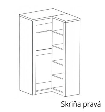 Skriňa I-14 je jedným z 25 prvkov sektorového nábytku INDIE. Tento nábytok je navrhnutý v štýlovom dizajne s jasnou štruktúrou dreva. Spolu s výnimočnou hrúbkou dosky, patinovou úpravou a kovovými úchytmi dáva nábytku rustikálny nádych. Skriňa I-14 patrí medzi rohové šatníkové skrine. Maximálne využíva priestor miestnosti a vo vnútri ponúka kombináciu vešiakovej tyče a viacerých políc. Pri objednávaní je potrebné zvoliť si prevedenie rohu (viď nákres).  Nábytok je vyrobený z kvalitnej LTD dosky, ktorá je opatrená ochrannou ABS hranou. Farebné prevedenie: craft biely. Úchyty majú odtieň aluminium. Rozmery (v/š/h): 192 x 90/106 x 58/42 cm. Hrúbka dosky je 16 /48 mm. Dodávame v demontovanom stave.Sektorový nábytok INDIE je v ponuke v 4 farebných odtieňoch: jaseň tmavý, dub grandson, jaseň svetlý alebo craft biely. Ponúka viacero elementov, z ktorých si môžete zariadiť útulnú obývačku, jedáleň, spálňu ale aj pracovňu. Variabilita a funkčnosť nábytku zaručí praktické využitie priestoru. Jedinečný vzhľad nábytku vnesie do  každej miestnosti nezameniteľnú atmosféru a dodá mu šmrnc. 