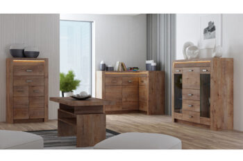 Vysoká vitrína I-03 je jedným z 25 prvkov sektorového nábytku INDIE. Tento nábytok je navrhnutý v štýlovom dizajne s jasnou štruktúrou dreva. Spolu s výnimočnou hrúbkou dosky, patinovou úpravou a kovovými úchytmi dáva nábytku rustikálny nádych. Vitrína I-03 má v hornej časti presklené dvierka z číreho skla. Spodná časť má plné dvierka. Vnútorný priestor ponúka 3 police. Ku vitríne si môžete za príplatok doobjednať efektné LED osvetlenie dosky aj poličiek (viď odporúčame).Nábytok je vyrobený v kombinácii masívneho dreva a kvalitnej LTD dosky. Doska je opatrená ochrannou ABS hranou. Farebné prevedenie: jaseň svetlý. Úchyty majú odtieň aluminium. Rozmery (v/š/h): 192 x 96 x 42 cm. Hrúbka dosky je 16 /48 mm. Dodávame v demontovanom stave.Sektorový nábytok INDIE je v ponuke v 4 farebných odtieňoch: jaseň tmavý, dub grandson, jaseň svetlý alebo craft biely. Ponúka viacero elementov, z ktorých si môžete zariadiť útulnú obývačku, jedáleň, spálňu ale aj pracovňu. Variabilita a funkčnosť nábytku zaručí praktické využitie priestoru. Jedinečný vzhľad nábytku vnesie do  každej miestnosti nezameniteľnú atmosféru a dodá mu šmrnc. 