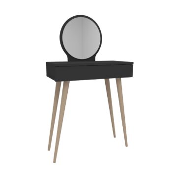 Toaletný stolík JERSEY – Elegantný a praktický doplnok do vašej spálneToaletný stolík JERSEY spája moderný dizajn s praktickosťou, čo z neho robí ideálnu voľbu pre každú spálňu. Tento vysoký stolík je vybavený zásuvkou a integrovaným zrkadlom, ktoré uľahčia každodennú starostlivosť a organizáciu kozmetiky. Vďaka kvalitným materiálom a dreveným nohám je nielen funkčný, ale aj štýlový.Hlavné vlastnosti produktu:Typ tovaru: Toaletný stolíkVhodné do miestnosti: SpálňaMateriál: Melamín, VT laminát a masívRozmery: 129.2 x 72 x 35 cmFarba: antracitVybavenie: 1 zásuvka a zrkadloVzhľad: Vysoká konštrukciaTvar: ObdĺžnikovýPočet osôb: Pre jednéhoHrúbka materiálu: 18 mmDodatočné informácie: Dodávame v demonte, drevené nohyStolík JERSEY je ideálnou voľbou pre tých, ktorí hľadajú funkčné a elegantné riešenie pre svoju spálňu. Jeho praktické vybavenie a vysoká konštrukcia poskytujú dostatok priestoru na organizáciu vašich potrieb. Zaobstarajte si toaletný stolík JERSEY a vytvorte si štýlový a útulný kútik pre každodennú starostlivosť!