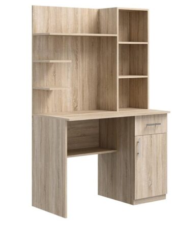 PC stolík JONAS E6 je veľmi prakticky riešený a poteší aj mimoriadne priaznivou cenou. V hornej nadstavbe je regál a tri odkladacie police. V spodnej časti je skrinka so zásuvkou, pod písacou plochou je ďalšia odkladacia polica. V ponuke ľavé aj pravé prevedenie.Je vyrobený z kvalitnej 16 mm LTD dosky nenáročnej na udržiavanie. Rozmery (ŠxVxH): 100 x 166,5 x 60 cmVýška písacej plochy je 76,5 cm.Dodávame v demonte. 