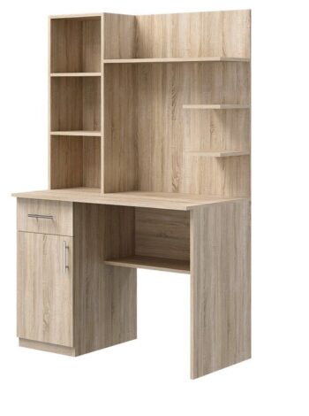 PC stolík JONAS E6 je veľmi prakticky riešený a poteší aj mimoriadne priaznivou cenou. V hornej nadstavbe je regál a tri odkladacie police. V spodnej časti je skrinka so zásuvkou, pod písacou plochou je ďalšia odkladacia polica. V ponuke ľavé aj pravé prevedenie.Je vyrobený z kvalitnej 16 mm LTD dosky nenáročnej na udržiavanie. Rozmery (ŠxVxH): 100 x 166,5 x 60 cmVýška písacej plochy je 76,5 cm.Dodávame v demonte. 