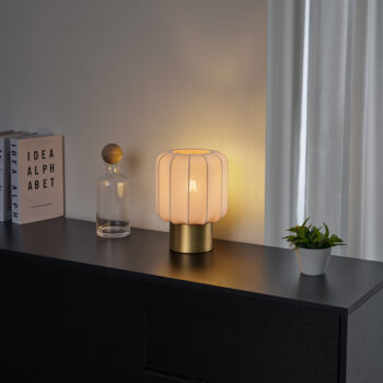 Japandi stolná lampa zlatá s béžovým tienidlom - Pluni
