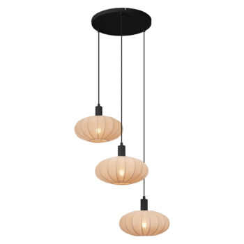 Japandi závesná lampa čierna s hnedým látkovým tienidlom 3-svetlá - Bida