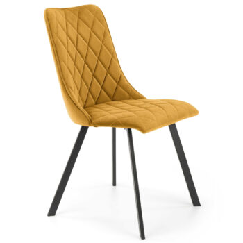 Jedálenská stolička K450 v horčicovej a čiernej farbe je moderným doplnkom do každého interiéru. Jej tmavý odtieň dodáva priestoru eleganciu a štýl. Stolička je vyrobená z kvalitného materiálu - látky a práškovanej ocele, ktoré zaručujú jej dlhú životnosť a odolnosť.