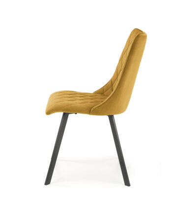 Jedálenská stolička K450 v horčicovej a čiernej farbe je moderným doplnkom do každého interiéru. Jej tmavý odtieň dodáva priestoru eleganciu a štýl. Stolička je vyrobená z kvalitného materiálu - látky a práškovanej ocele, ktoré zaručujú jej dlhú životnosť a odolnosť.