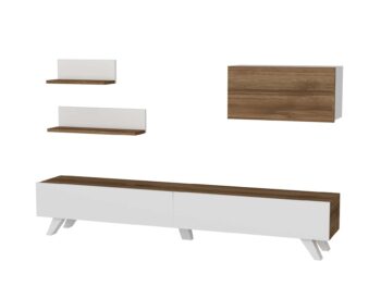 Objavte KATHRINE, obývaciu stenu, ktorá dokonale kombinuje funkčnosť s moderným dizajnom. Elegantné spojenie bielej a orechovej farby dodáva tejto zostave univerzálny vzhľad, ktorý sa ľahko hodí do akejkoľvek obývačky.Detailné špecifikácieTyp tovaru: Obývacia stenaMateriál: Vysoko kvalitné LTD s hrúbkou 18 mm, zaisťuje odolnosť a dlhú životnosť.Rozmery: TV stolík (180 x 29.5 x 32.6 cm), nástenná skrinka (60 x 24 x 28.5 cm), veľká nástenná polica (60 x 14.5 x 14.5 cm) a malá nástenná polica 40 x 14.5 x 14.5 cm), poskytujúce bohatý úložný priestor a variabilné možnosti zobrazenia.Farba: Kombinácia bielej a orechovej farby prináša do miestnosti teplý a prívetivý vzhľad, ktorý sa ľahko kombinuje s ďalším nábytkom.Vybavenie: Zostava obsahuje praktické regály a skrinky, ktoré sú ideálne na uskladnenie elektroniky, kníh a dekorácií.Dodatočné informácie: Zostava je dodávaná v demontovanom stave, čo uľahčuje jej transport a montáž.Obývacia stena KATHRINE je perfektnou voľbou pre tých, ktorí hľadajú esteticky príjemné, ale zároveň praktické riešenie pre svoju obývaciu izbu. Jej premyslený dizajn a kvalitné materiály zaistia, že bude slúžiť ako dominantný prvok vášho domova po mnoho rokov.