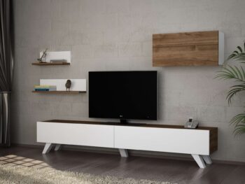 Objavte KATHRINE, obývaciu stenu, ktorá dokonale kombinuje funkčnosť s moderným dizajnom. Elegantné spojenie bielej a orechovej farby dodáva tejto zostave univerzálny vzhľad, ktorý sa ľahko hodí do akejkoľvek obývačky.Detailné špecifikácieTyp tovaru: Obývacia stenaMateriál: Vysoko kvalitné LTD s hrúbkou 18 mm, zaisťuje odolnosť a dlhú životnosť.Rozmery: TV stolík (180 x 29.5 x 32.6 cm), nástenná skrinka (60 x 24 x 28.5 cm), veľká nástenná polica (60 x 14.5 x 14.5 cm) a malá nástenná polica 40 x 14.5 x 14.5 cm), poskytujúce bohatý úložný priestor a variabilné možnosti zobrazenia.Farba: Kombinácia bielej a orechovej farby prináša do miestnosti teplý a prívetivý vzhľad, ktorý sa ľahko kombinuje s ďalším nábytkom.Vybavenie: Zostava obsahuje praktické regály a skrinky, ktoré sú ideálne na uskladnenie elektroniky, kníh a dekorácií.Dodatočné informácie: Zostava je dodávaná v demontovanom stave, čo uľahčuje jej transport a montáž.Obývacia stena KATHRINE je perfektnou voľbou pre tých, ktorí hľadajú esteticky príjemné, ale zároveň praktické riešenie pre svoju obývaciu izbu. Jej premyslený dizajn a kvalitné materiály zaistia, že bude slúžiť ako dominantný prvok vášho domova po mnoho rokov.