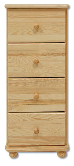 Komoda so 4 zásuvkami šírky 40 cm. Farebné prevedenie - prírodná borovica. Ponúkame za príplatok možnosť namorenia na odtieň dub, orech a jelša.  Nábytok Drewmax je vyrobený z kvalitného borovicového masívu. Pozor!!! Produkt má špeciálnu povrchovú úpravu na ochranu proti škodcom. Preto v prípade ak máte záujem o produkt, ktorý chcete dodatočne namoriť, treba v objednávke uviesť: požadujem produkt bez povrchovej úpravy.