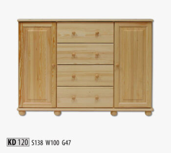KD120 Kombinovaná komoda z masívneho borovicového dreva. Disponuje 4 praktickými zásuvkami. Je dvojdverová. Farebné prevedenie: prírodná borovica. Ponúkame za príplatok možnosť namorenia na odtieň dub, orech a jelša. Dodávame v demontovanom stave