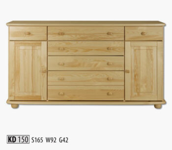 KD150 Kombinovaná komoda z masívneho borovicového dreva. Je dvojdverová. Disponuje siedmymi praktickými zásuvkami. Farebné prevedenie: prírodná borovica. Možnosť namorenia na odtieň dub, orech a jelša za príplatok.