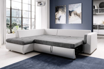 KENY L je dizajnová a štýlová rohová sedacia súprava, ktorá sa bude vynímať v moderných a priestranných interiéroch.Sedák je tvorený kvalitnou vlnovcovou pružinou v kombinácii s pohodlnou PUR penou o hustote T-30. Sedačka je čalúnená ekokožou MADRYT 120 a kvalitnou poťahovou látkou Paros 3. Nožičky sú vyrobené z kovu, pochrómované.Súčasťou sedačky je 5 okrasných vankúšov.Sedačka je rozkladacia. Rozložíte ju pomocou automatu typu DELFIN. Poskytne vám spaciu plochu: 195 x 134 cm.Rozmery sedačky (š,v,h): 250 x 76 x 205 cm. Výška sedačky bez vankúšov: 67 cm. Hĺbka sedacej časti: 48 cm. Výška sedenia: 42 cm. Výška nožičiek: 5 cmSedačka je v ľavom prevedení rohu. V ponuke nájdete rohovú sedačku KENY L aj v pravom prevedení rohu.Dodávame v demontovanom stave. 