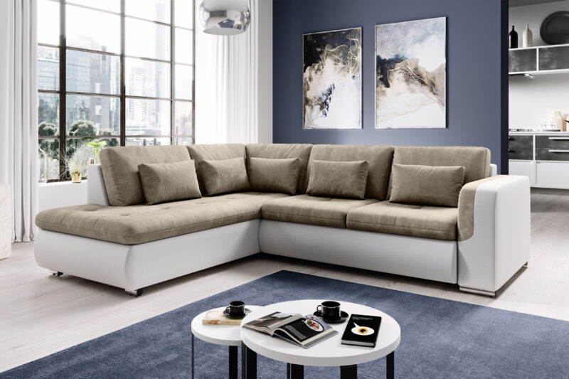 KENY L rohová sedačka - ľavá, Paros 3/Madryt 120 KENY L je dizajnová a štýlová rohová sedacia súprava, ktorá sa bude vynímať v moderných a priestranných interiéroch.Sedák je tvorený kvalitnou vlnovcovou pružinou v kombinácii s pohodlnou PUR penou o hustote T-30. Sedačka je čalúnená ekokožou MADRYT 120 a kvalitnou poťahovou látkou Paros 3. Nožičky sú vyrobené z kovu, pochrómované.Súčasťou sedačky je 5 okrasných vankúšov.Sedačka je rozkladacia. Rozložíte ju pomocou automatu typu DELFIN. Poskytne vám spaciu plochu: 195 x 134 cm.Rozmery sedačky (š,v,h): 250 x 76 x 205 cm. Výška sedačky bez vankúšov: 67 cm. Hĺbka sedacej časti: 48 cm. Výška sedenia: 42 cm. Výška nožičiek: 5 cmSedačka je v ľavom prevedení rohu. V ponuke nájdete rohovú sedačku KENY L aj v pravom prevedení rohu.Dodávame v demontovanom stave.