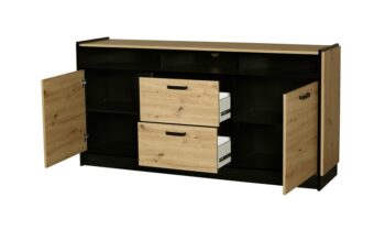 Kombinovaná komoda KESSY je v modernom prevedení. Je vhodná do moderných interiérov.Kombinovaná komoda je vyrobená z kvalitných LTD dosiek o hrúbke 16 mm. Má ABS hrany. Je nenáročná na údržbu. Úchyty sú vyrobené z kovu v čiernom prevedení. Zadná stena je zo sololitu HDF o hrúbke 2,5 mm.Komoda je dvojdverová a disponuje tiež praktickými zásuvkami.Farebné prevedenie: dub Artisan / čierna.Rozmery (š,v,h): 180 x 90 x 43 cm.KESSY je praktický obývací sektor, vhodný do moderných a štýlových interiérov. Skladá sa z viacerých prvkov, vďaka ktorým si vytvoríte obývačku podľa predstáv.Dodávame v demontovanom stave.