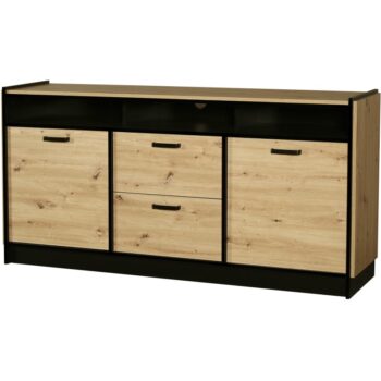 Kombinovaná komoda KESSY je v modernom prevedení. Je vhodná do moderných interiérov.Kombinovaná komoda je vyrobená z kvalitných LTD dosiek o hrúbke 16 mm. Má ABS hrany. Je nenáročná na údržbu. Úchyty sú vyrobené z kovu v čiernom prevedení. Zadná stena je zo sololitu HDF o hrúbke 2,5 mm.Komoda je dvojdverová a disponuje tiež praktickými zásuvkami.Farebné prevedenie: dub Artisan / čierna.Rozmery (š,v,h): 180 x 90 x 43 cm.KESSY je praktický obývací sektor, vhodný do moderných a štýlových interiérov. Skladá sa z viacerých prvkov, vďaka ktorým si vytvoríte obývačku podľa predstáv.Dodávame v demontovanom stave.