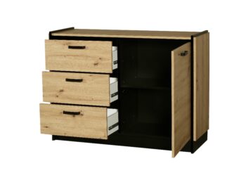 Kombinovaná komoda KESSY je v modernom prevedení. Je vhodná do moderných interiérov.Kombinovaná komoda je vyrobená z kvalitných LTD dosiek o hrúbke 16 mm. Má ABS hrany. Je nenáročná na údržbu. Úchyty sú vyrobené z kovu v čiernom prevedení. Zadná stena je zo sololitu HDF o hrúbke 2,5 mm.Komoda je jednodverová a disponuje tiež praktickými zásuvkami.Farebné prevedenie: dub Artisan / čierna.Rozmery (š,v,h): 122 x 90 x 43 cm.KESSY je praktický obývací sektor, vhodný do moderných a štýlových interiérov. Skladá sa z viacerých prvkov, vďaka ktorým si vytvoríte obývačku podľa predstáv.Dodávame v demontovanom stave.