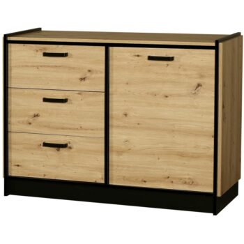 Kombinovaná komoda KESSY je v modernom prevedení. Je vhodná do moderných interiérov.Kombinovaná komoda je vyrobená z kvalitných LTD dosiek o hrúbke 16 mm. Má ABS hrany. Je nenáročná na údržbu. Úchyty sú vyrobené z kovu v čiernom prevedení. Zadná stena je zo sololitu HDF o hrúbke 2,5 mm.Komoda je jednodverová a disponuje tiež praktickými zásuvkami.Farebné prevedenie: dub Artisan / čierna.Rozmery (š,v,h): 122 x 90 x 43 cm.KESSY je praktický obývací sektor, vhodný do moderných a štýlových interiérov. Skladá sa z viacerých prvkov, vďaka ktorým si vytvoríte obývačku podľa predstáv.Dodávame v demontovanom stave.