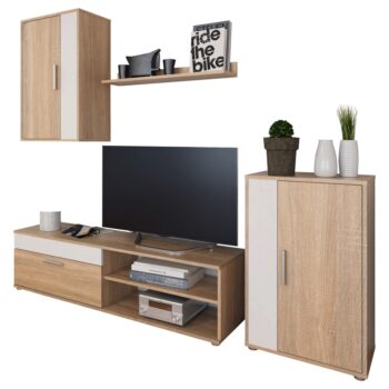 Obývacia stena Kevin v elegantnom farebnom prevedení dub sonoma / biela je ideálnym riešením pre moderné interiéry. Táto štýlová zostava od značky KONDELA ponúka nielen estetický vzhľad, ale aj praktické využitie priestoru vo vašej obývačke.