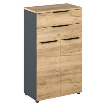 Dvojdverová komoda so zásuvkami Klaudius Typ 3 v elegantnom farebnom prevedení grafit a dub artisan je ideálnym riešením pre moderné interiéry. Táto komoda, vyrobená z kvalitného laminovaného DTD materiálu, ponúka nielen štýlový vzhľad, ale aj praktické úložné priestory.