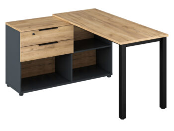 Rohový PC stôl Klaudius Typ 8 v elegantnom farebnom prevedení grafit a dub artisan je ideálnym riešením pre moderné kancelárie a pracovné priestory. Tento stôl, vyrobený z kvalitnej laminovanej DTD, ponúka nielen estetický vzhľad, ale aj praktickosť a funkčnosť.