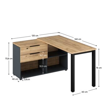Rohový PC stôl Klaudius Typ 8 v elegantnom farebnom prevedení grafit a dub artisan je ideálnym riešením pre moderné kancelárie a pracovné priestory. Tento stôl, vyrobený z kvalitnej laminovanej DTD, ponúka nielen estetický vzhľad, ale aj praktickosť a funkčnosť.