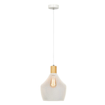 Predstavujeme vám modernú visiacu lampu Kolen, ktorá sa stane elegantným doplnkom vášho interiéru. Táto lampa vyniká svojím jedinečným dizajnom, ktorý kombinuje prvky bielej a prírodnej farby, čím dodáva priestoru svieži a prirodzený vzhľad.
