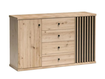 Dvojdverová komoda so zásuvkami Koli C-4 v elegantnom prevedení dub artisan a čierna je ideálnym riešením pre moderné interiéry. Táto komoda, značky KONDELA, ponúka praktické úložné priestory s dvoma dverami a štyrmi zásuvkami, čo ju robí vhodnou pre rôzne miestnosti vo vašom dome.