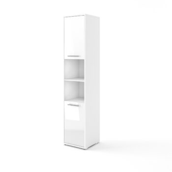 Systémový nábytok KOMFORT PRO je ideálnym nábytkom pre tých, ktorý majú malý priestor a chcú si ho čo najlepšie usporiadať. Tento moderný, praktický a elegantný nábytok ponúka možnosť efektívne a účelne využiť priestor. Vysoká skrinka KOMFORT PRO CP08 je vhodná ku sklápacej posteli KOMFORT PRO CP-01, CP-2 a CP-3. Využiť ju však viete aj samostatne. Ponúka otvorený poličkový priestor ale aj 2 uzatvorené priestory za dvierkami. Otvorená polička je umiestnená v stredovej časti medzi dvoma dvierkami. Skrinka je vyrobená z kvalitnej LTD dosky. Na obrázku vo farebnom prevedení biela matná na korpuse + biely lesk na predných častiach. V ponuke máme aj ďalšie farebné prevedenia. Prevedenie v lesku je za príplatok. Rozmery (š/v/h) 45 x 217 x 46 cm. Dodávame v demonte.