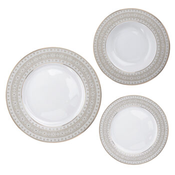Predstavujeme vám elegantnú porcelánovú jedálenskú súpravu Kominor Typ 2, ktorá sa skladá z 18 kusov a je ideálnym doplnkom pre každú modernú domácnosť. Táto súprava vyniká svojím sofistikovaným dizajnom v kombinácii bielej, sivej a zlatej farby, čo jej dodáva nadčasový vzhľad.