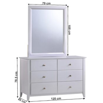 Romantická komoda so zrkadlom JAVA 6 vyniká klasickým štýlom a eleganciou, čím si získa Vaše srdcia. Rozmery komody sú (ŠxHxV): 120x45x78,5 cm a rozmery zrkadla sú (ŠxHxV): 79x2x108 cm. Je vyrobená kombináciou masívneho dreva s MDF (drevovláknitá doska). Farebné prevedenie komody je v nežnej bielej…